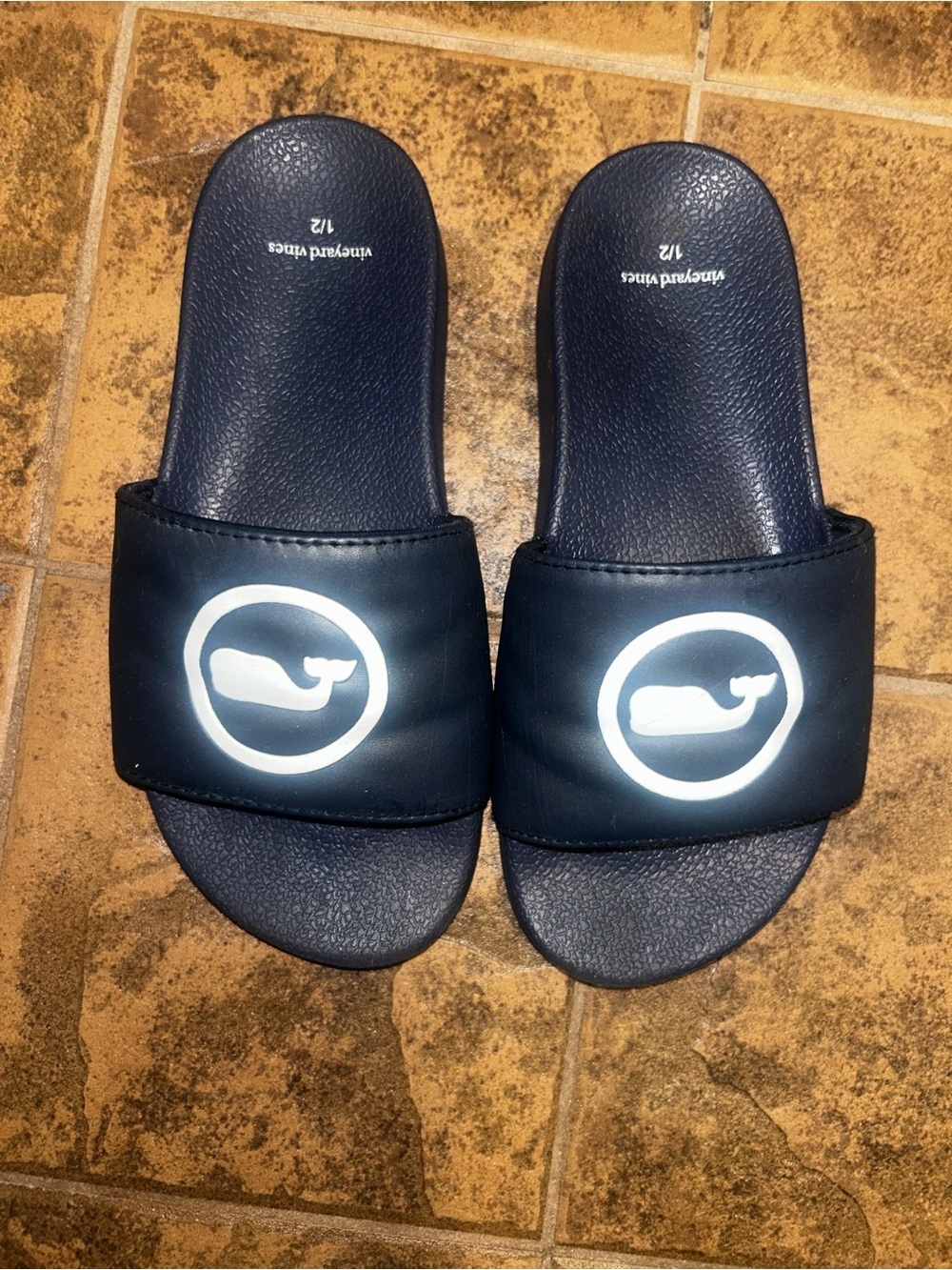 Vineyard Vines Kids Navy Blue Slide Sandals with White Whale Logo